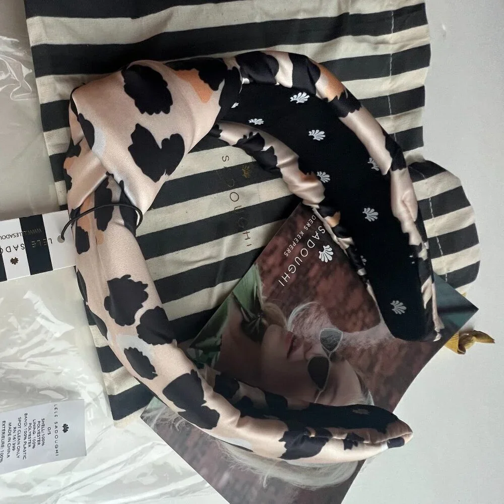 Lele Sadoughi Leopard Silk Knotted Headband Gold Logo NWT
